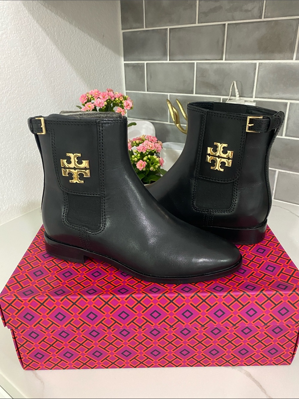 Tory Burch Black Leather Logo Chelsea Ankle Boots with Gold Hardware